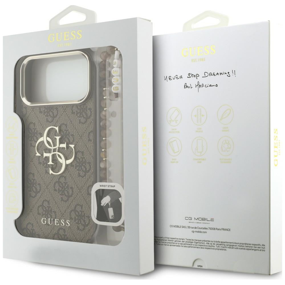 Hülle für Apple iPhone 18 Pro / 17 Pro, Guess, 4G Classic Logo mit Trageriemen, Goldbraun