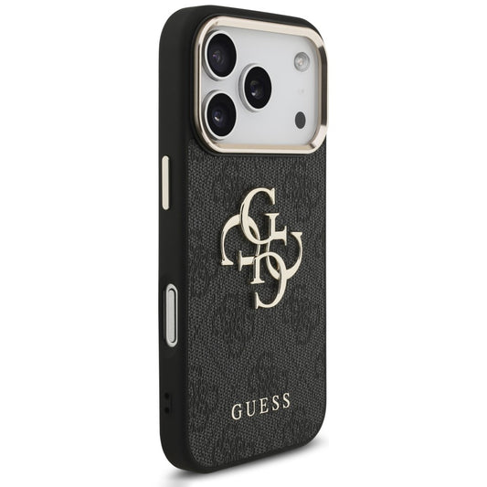 Hülle für Apple iPhone 18 Pro / 17 Pro, Guess, 4G Classic Logo mit Riemen, Schwarz Gold