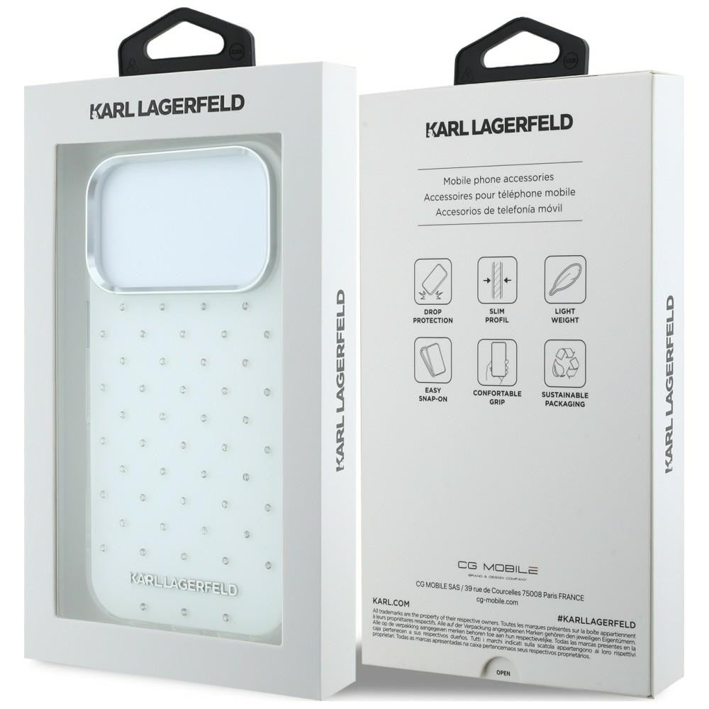 Hülle für Apple iPhone 18 Pro / 17 Pro, Karl Lagerfeld, IML Strasssteine und galvanisiertes Logo, Weiß