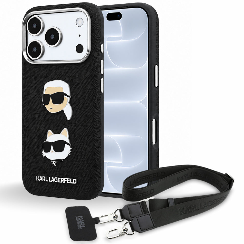 Hülle für Apple iPhone 18 Pro / 17 Pro, Karl Lagerfeld, Saffiano Crossbody Karl & Choupette Head's Pins Logo, Schwarz