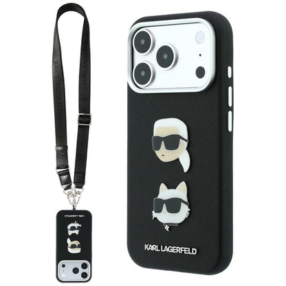 Hülle für Apple iPhone 18 Pro / 17 Pro, Karl Lagerfeld, Saffiano Crossbody Karl & Choupette Head's Pins Logo, Schwarz