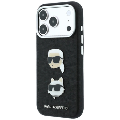 Hülle für Apple iPhone 18 Pro / 17 Pro, Karl Lagerfeld, Saffiano Crossbody Karl & Choupette Head's Pins Logo, Schwarz