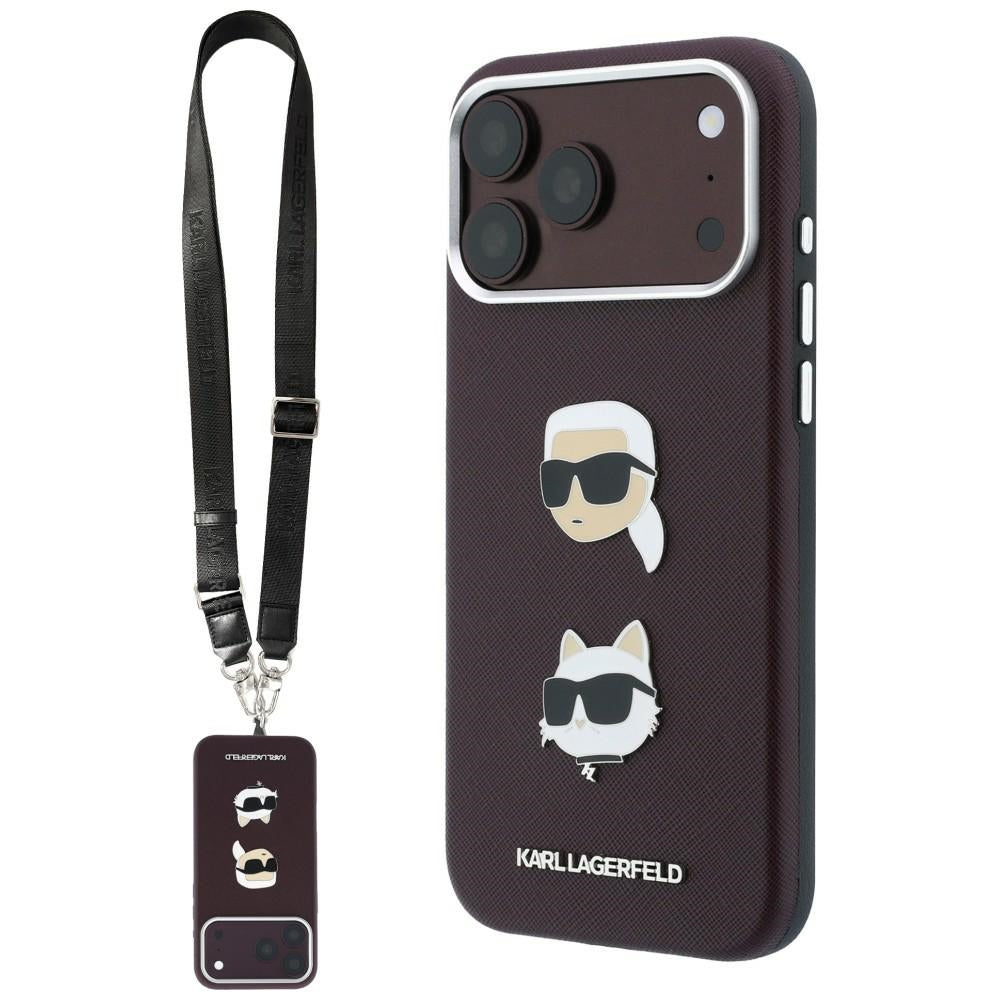 Hülle für Apple iPhone 18 Pro / 17 Pro, Karl Lagerfeld, Saffiano Crossbody Karl & Choupette Head's Pins Logo, Bordeauxrot
