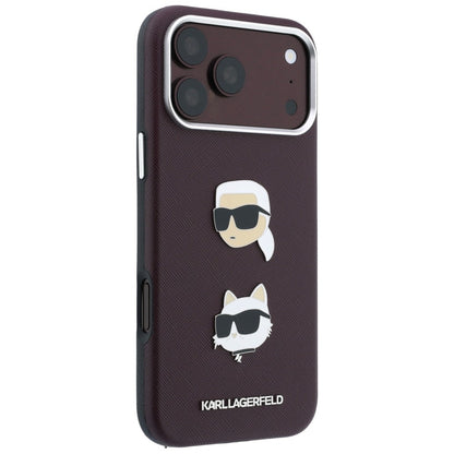 Hülle für Apple iPhone 18 Pro / 17 Pro, Karl Lagerfeld, Saffiano Crossbody Karl & Choupette Head's Pins Logo, Bordeauxrot