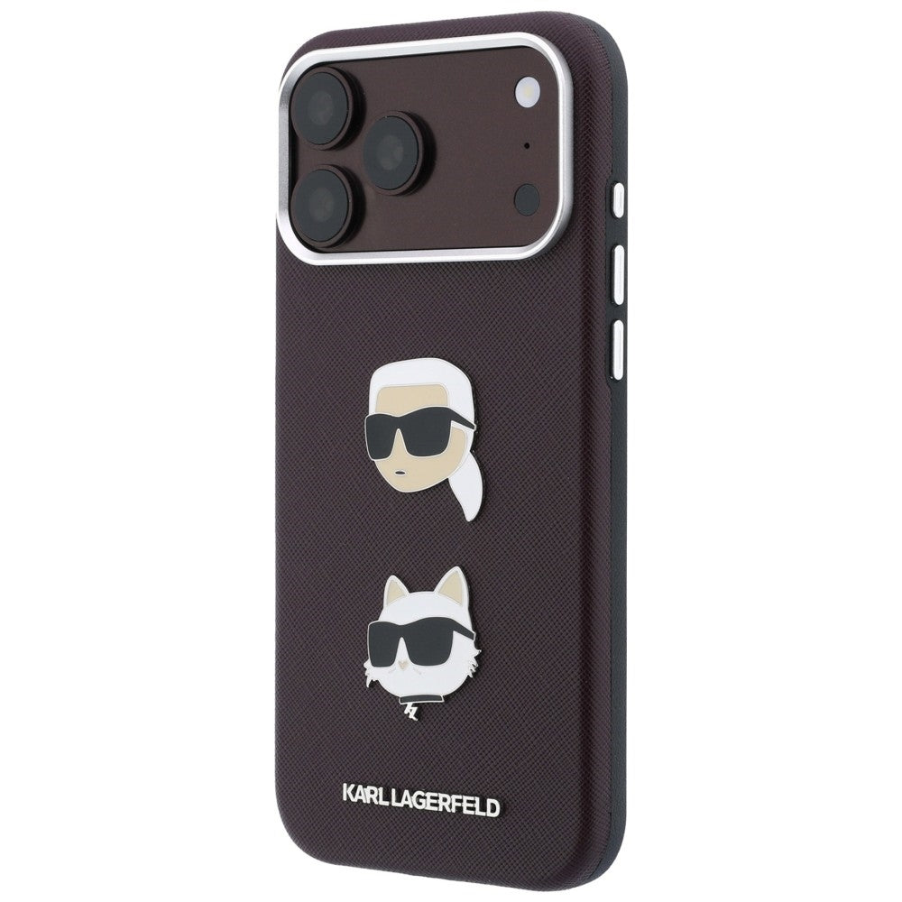 Hülle für Apple iPhone 18 Pro / 17 Pro, Karl Lagerfeld, Saffiano Crossbody Karl & Choupette Head's Pins Logo, Bordeauxrot
