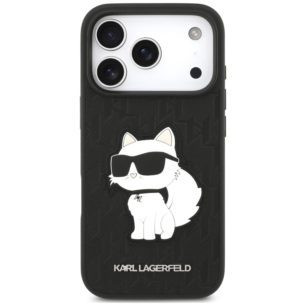 Hülle für Apple iPhone 18 Pro / 17 Pro, Karl Lagerfeld, Saffiano Mono Patch Choupette, Schwarz