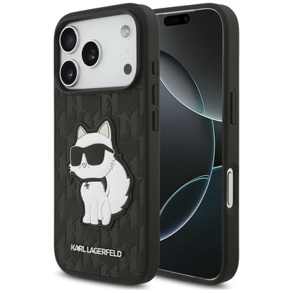 Hülle für Apple iPhone 18 Pro / 17 Pro, Karl Lagerfeld, Saffiano Mono Patch Choupette, Schwarz
