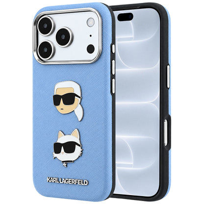 Hülle für Apple iPhone 18 Pro / 17 Pro, Karl Lagerfeld, Saffiano mit Karl-&-Choupette-Kopf-Pin und Logo, Blau