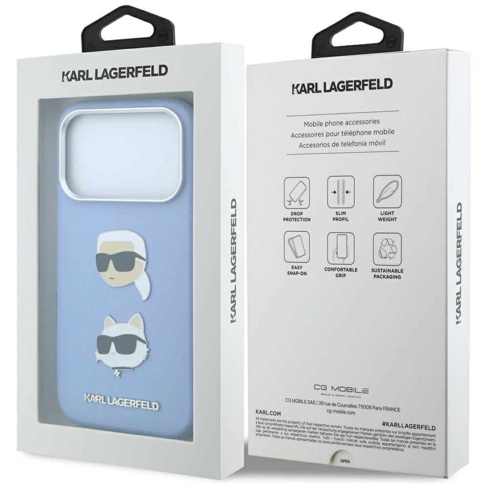 Hülle für Apple iPhone 18 Pro / 17 Pro, Karl Lagerfeld, Saffiano mit Karl-&-Choupette-Kopf-Pin und Logo, Blau