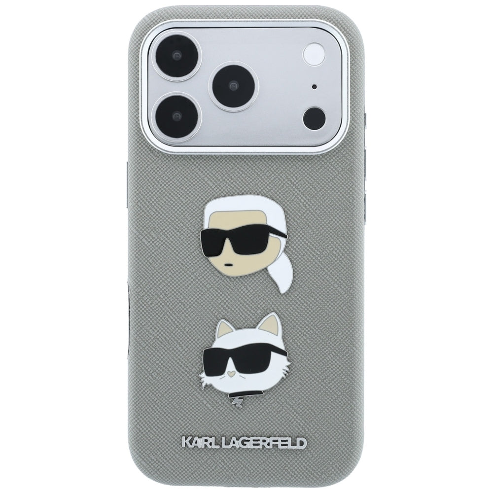 Hülle für Apple iPhone 18 Pro / 17 Pro, Karl Lagerfeld, Saffiano mit Karl-&-Choupette-Kopf-Pin und Logo, Grau