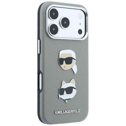 Hülle für Apple iPhone 18 Pro / 17 Pro, Karl Lagerfeld, Saffiano mit Karl-&-Choupette-Kopf-Pin und Logo, Grau