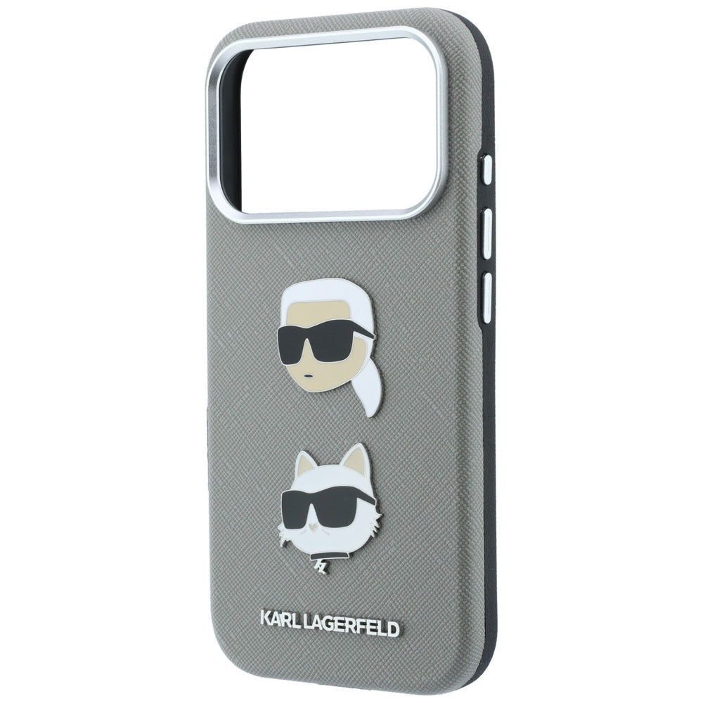 Hülle für Apple iPhone 18 Pro / 17 Pro, Karl Lagerfeld, Saffiano mit Karl-&-Choupette-Kopf-Pin und Logo, Grau