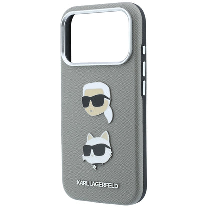 Hülle für Apple iPhone 18 Pro / 17 Pro, Karl Lagerfeld, Saffiano mit Karl-&-Choupette-Kopf-Pin und Logo, Grau