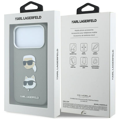 Hülle für Apple iPhone 18 Pro / 17 Pro, Karl Lagerfeld, Saffiano mit Karl-&-Choupette-Kopf-Pin und Logo, Grau