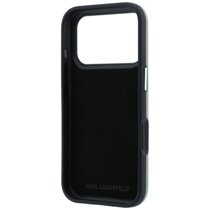 Hülle für Apple iPhone 18 Pro / 17 Pro, Karl Lagerfeld, Saffiano mit Karl-&-Choupette-Kopf-Pin und Logo, Grau