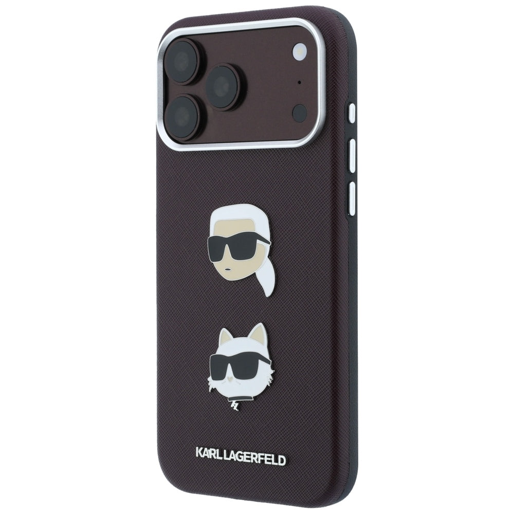 Hülle für Apple iPhone 18 Pro / 17 Pro, Karl Lagerfeld, Saffiano mit Karl & Choupette Kopf-Pin und Logo, Weinrot