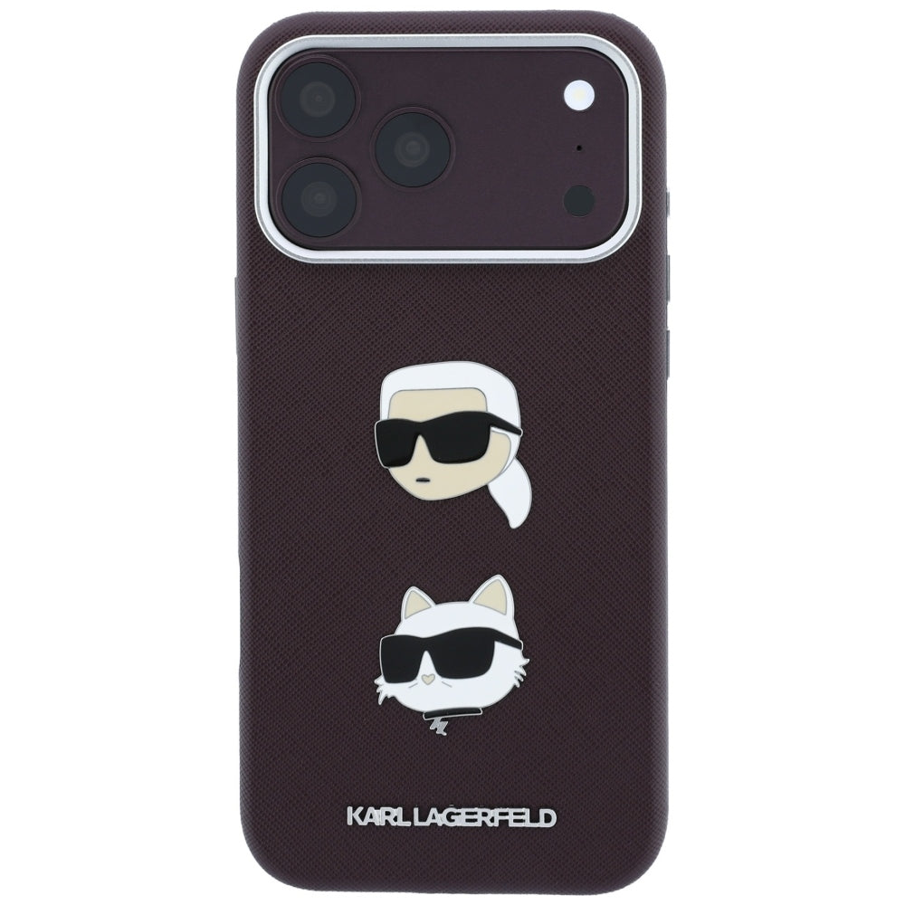 Hülle für Apple iPhone 18 Pro / 17 Pro, Karl Lagerfeld, Saffiano mit Karl & Choupette Kopf-Pin und Logo, Weinrot