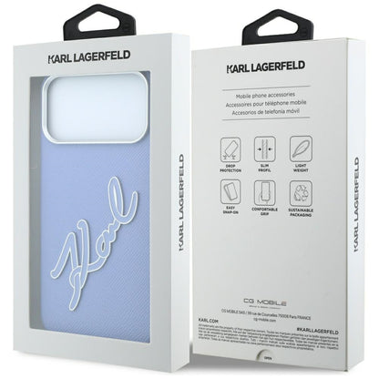 Hülle für Apple iPhone 18 Pro / 17 Pro, Karl Lagerfeld, glattes großes Harz-Signatur-Logo, Blau