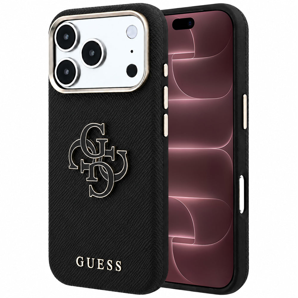 Hülle für Apple iPhone 18 Pro Max / 17 Pro Max, Guess, Geprägtes großes Harzlogo, Schwarz