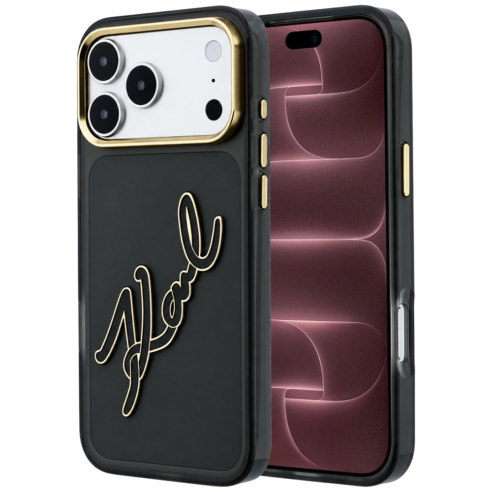 Hülle für Apple iPhone 18 Pro Max / 17 Pro Max, Karl Lagerfeld, IML Big Signature Resin Logo Metallrahmen, Schwarz