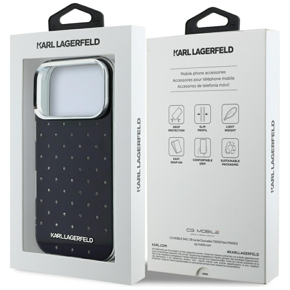 Hülle für Apple iPhone 18 Pro Max / 17 Pro Max, Karl Lagerfeld, IML Strasssteine und galvanisiertes Logo, Schwarz