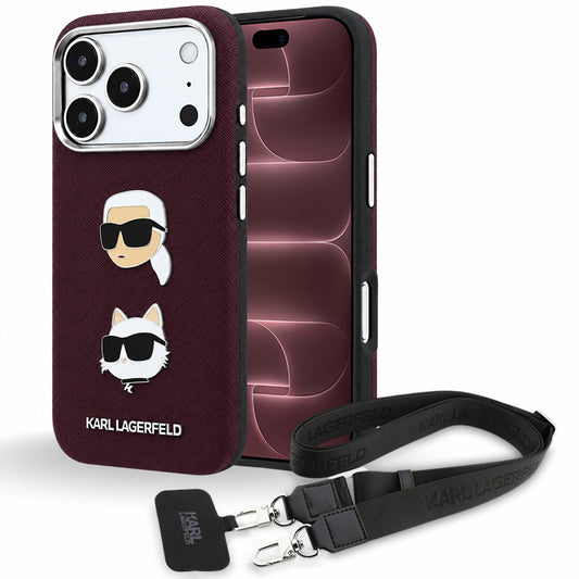 Hülle für Apple iPhone 18 Pro Max / 17 Pro Max, Karl Lagerfeld, Saffiano Crossbody Karl & Choupette Head's Pins Logo, Bordeauxrot