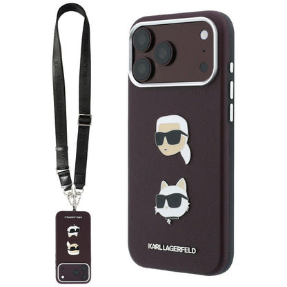 Hülle für Apple iPhone 18 Pro Max / 17 Pro Max, Karl Lagerfeld, Saffiano Crossbody Karl & Choupette Head's Pins Logo, Bordeauxrot