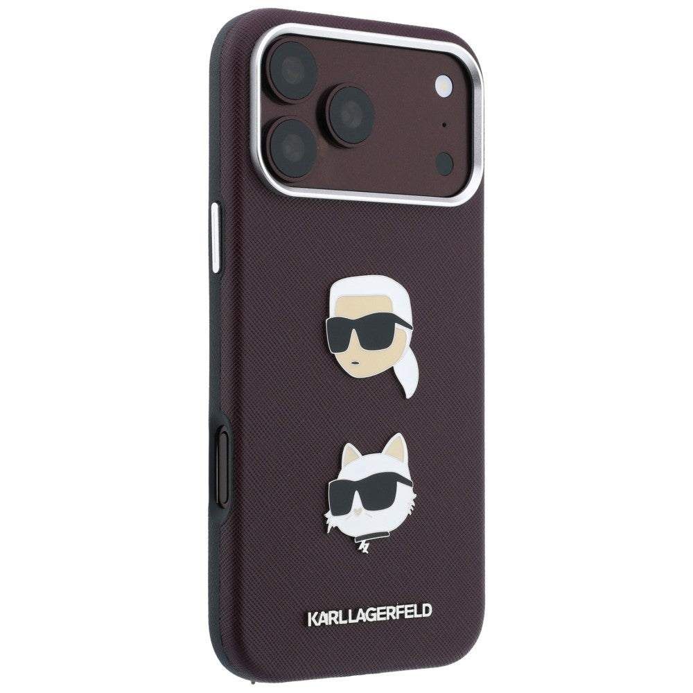Hülle für Apple iPhone 18 Pro Max / 17 Pro Max, Karl Lagerfeld, Saffiano Crossbody Karl & Choupette Head's Pins Logo, Bordeauxrot