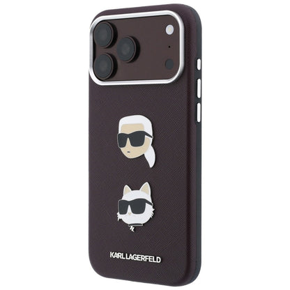 Hülle für Apple iPhone 18 Pro Max / 17 Pro Max, Karl Lagerfeld, Saffiano Crossbody Karl & Choupette Head's Pins Logo, Bordeauxrot
