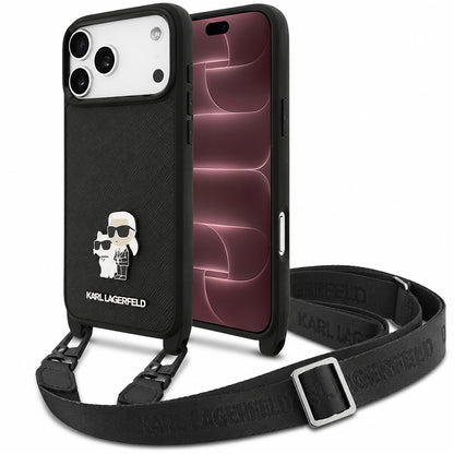 Case for Apple iPhone 18 Pro Max / 17 Pro Max, Karl Lagerfeld, Saffiano Crossbody Metal Pin Karl & Choupette, Black