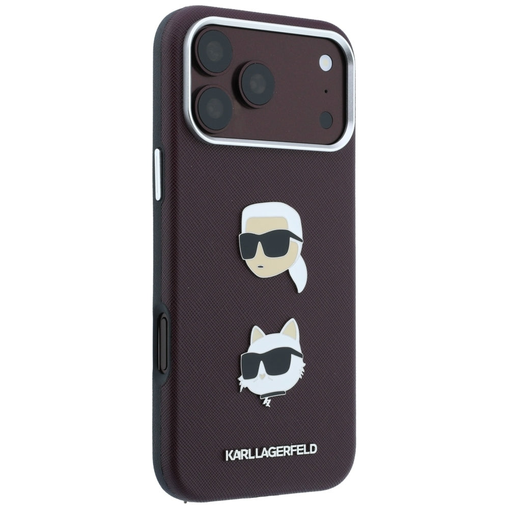 Hülle für Apple iPhone 18 Pro Max / 17 Pro Max, Karl Lagerfeld, Saffiano mit Karl & Choupette Kopf-Pin und Logo, Weinrot