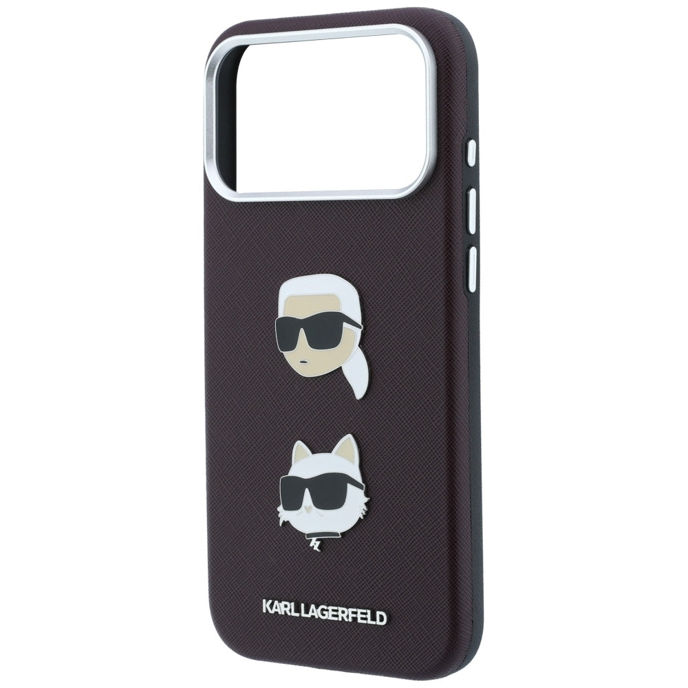 Hülle für Apple iPhone 18 Pro Max / 17 Pro Max, Karl Lagerfeld, Saffiano mit Karl & Choupette Kopf-Pin und Logo, Weinrot