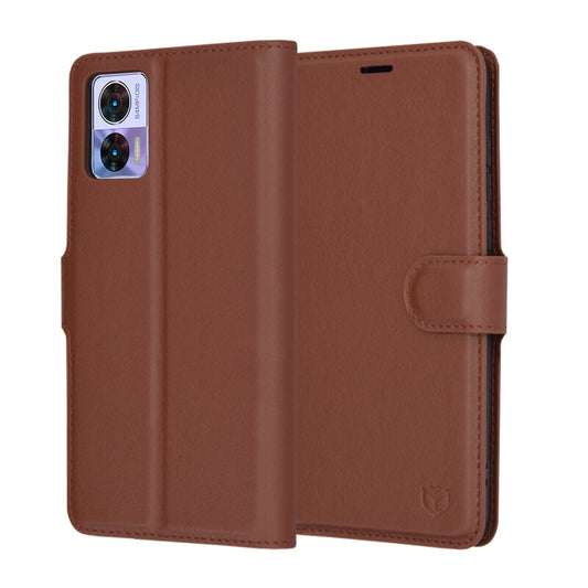Hülle für Motorola Edge 30 Neo, Techsuit, Leder-Folio, Braun