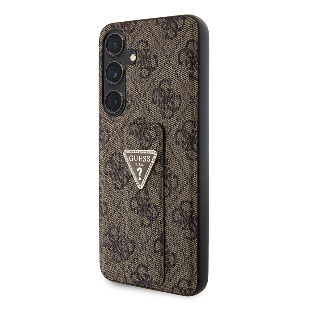 Hülle für Samsung Galaxy S24 S921, Guess, Grip Stand 4G Triangle Strass, Braun