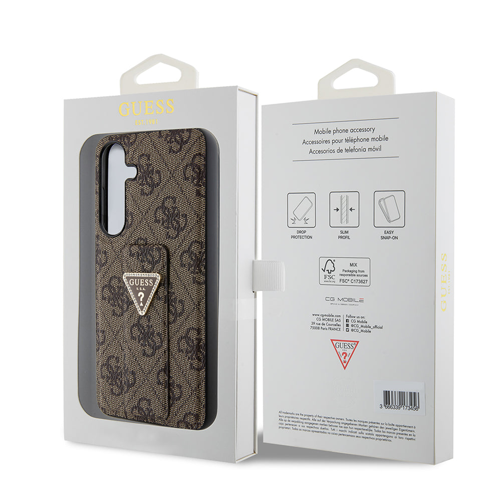 Hülle für Samsung Galaxy S24 S921, Guess, Grip Stand 4G Triangle Strass, Braun