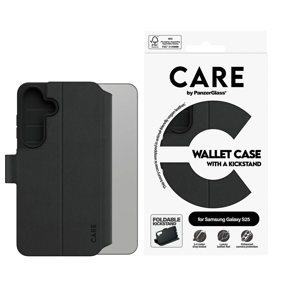 Case for Samsung Galaxy S25 S931, PanzerGlass, Care Feature Kickstand Wallet, Black