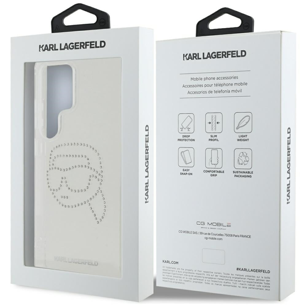 Case for Samsung Galaxy S25 Ultra S938, Karl Lagerfeld, IML Rhinestones Karl's Head, Transparent