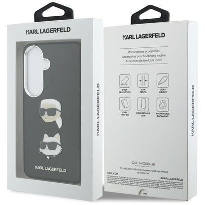Hülle für Samsung Galaxy S26 S942, Karl Lagerfeld, Saffiano Karl & Choupette's Head Pin, Schwarz