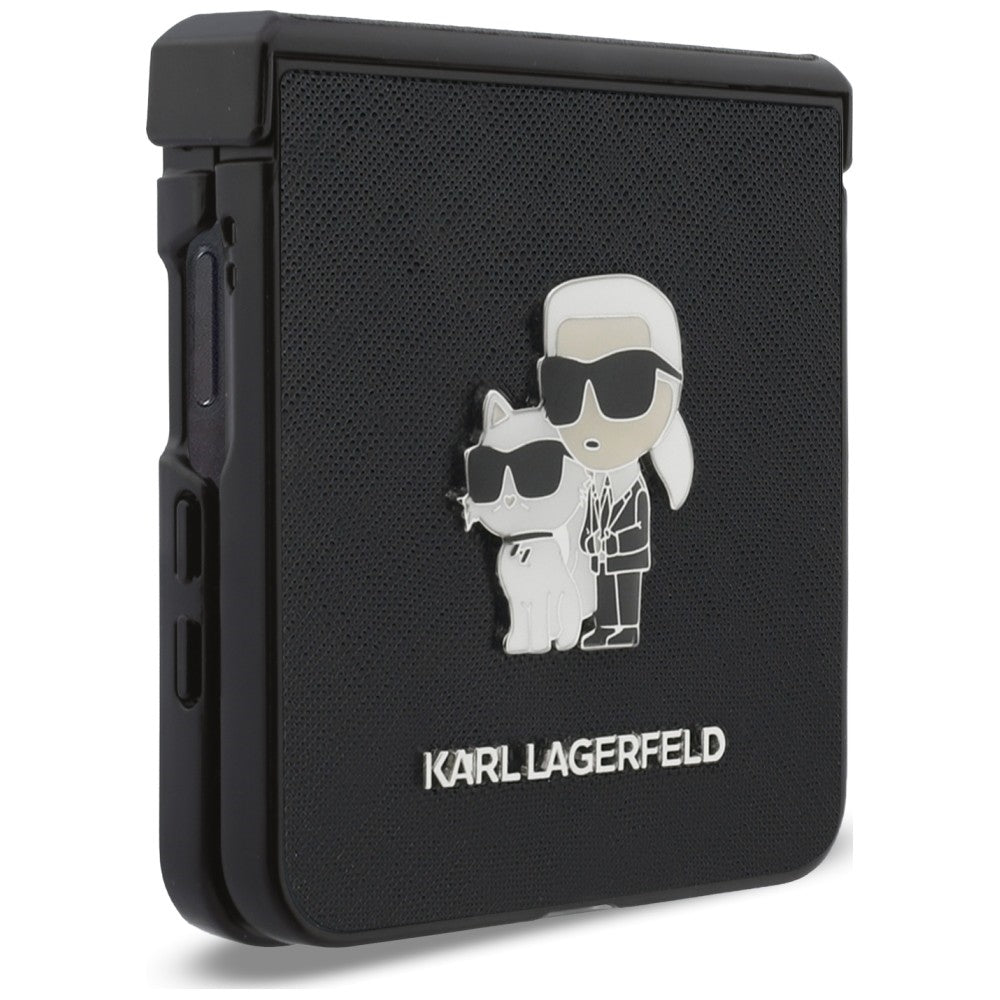 Case for Samsung Galaxy Z Flip8 F776, Karl Lagerfeld, Saffiano Karl & Choupette Metal Pin, Black