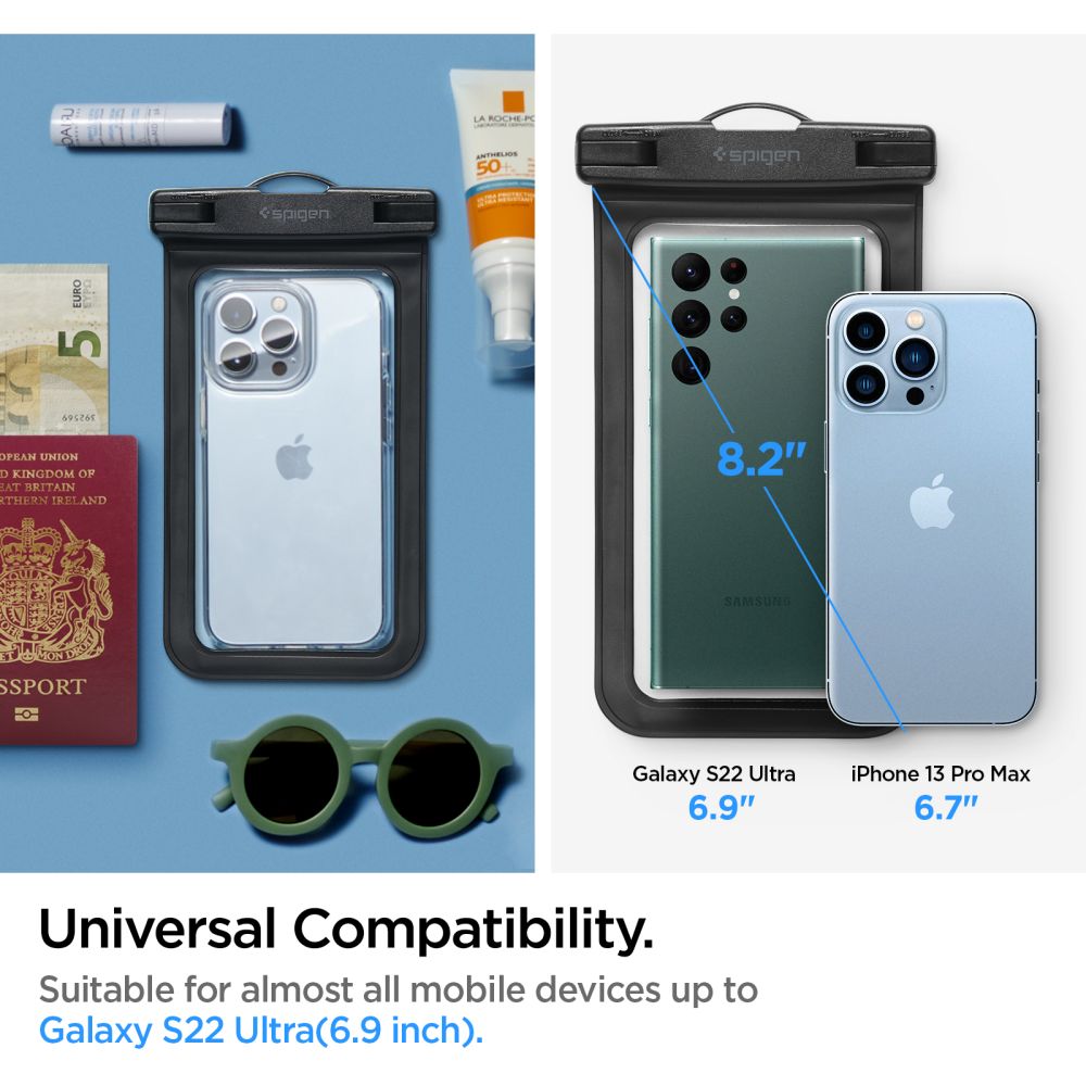 Universal-Wasserfeste Hülle für Telefon max. 3,5 Zoll - 7 Zoll, Spigen, A601, Set 2 Stück, Schwarz AMP04523