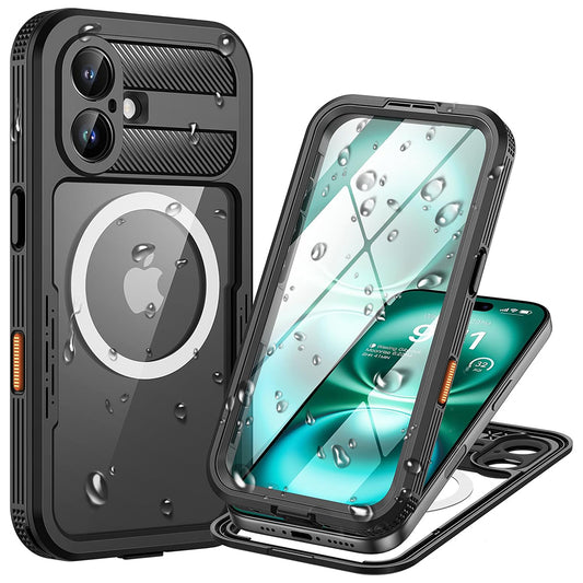 Wasserdichte Hülle für Apple iPhone 16, ShellBox, Carbon, Schwarz