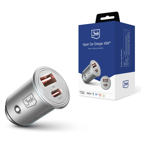 3MK Hyper Autoladegerät, 45 W, 3 A, 1 x USB-A – 1 x USB-C, Silber