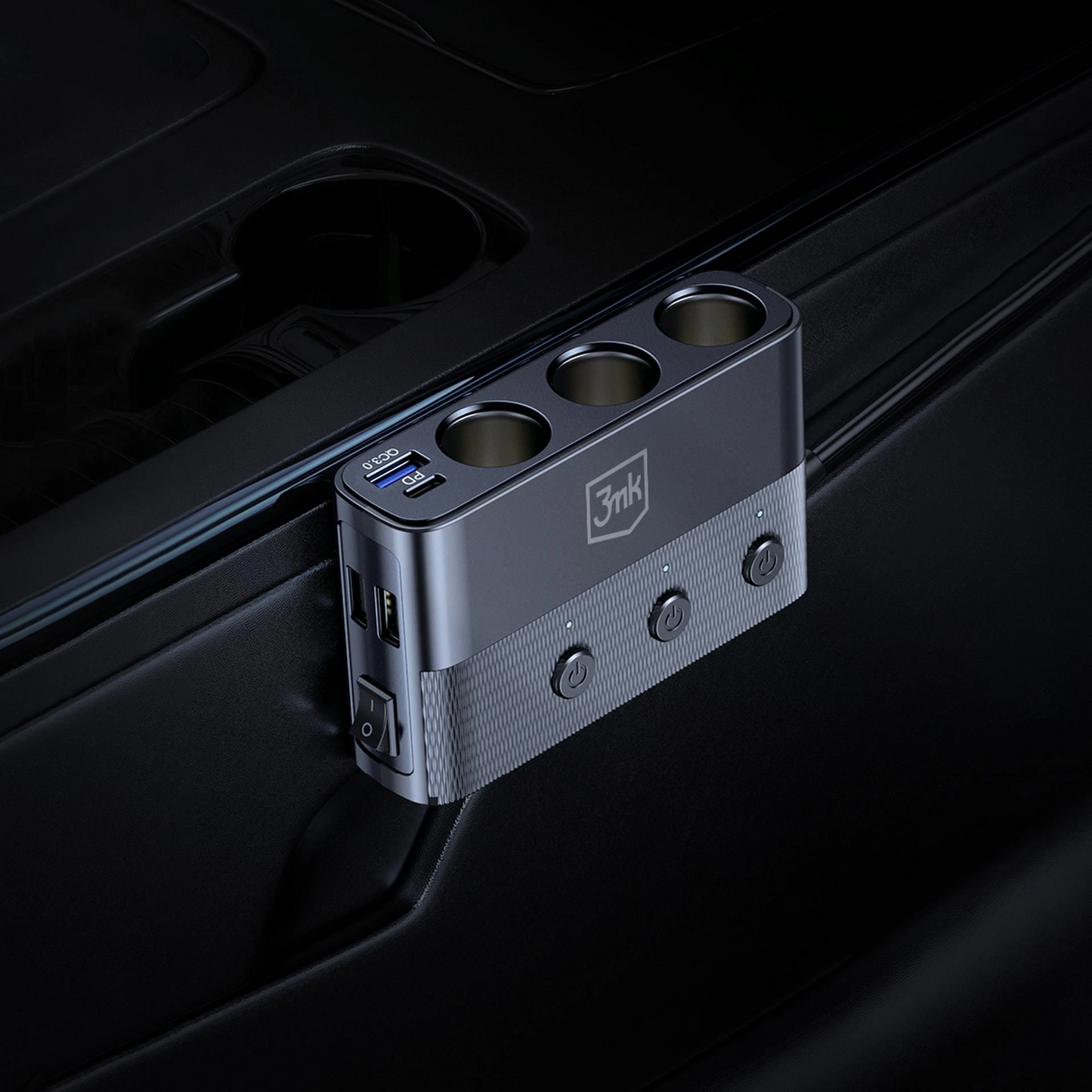 Auto-Ladegerät 3MK Power Splitter, 120W, 3A, 3 x USB-A - 1 x USB-C - 3 x Zigarettenanzünder-Verlängerung, Schwarz