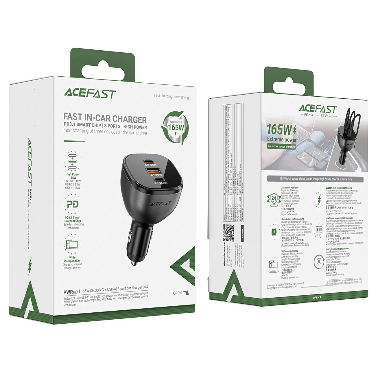 Acefast B14 Car Charger, 165W, 5A, 1 x USB-A - 2 x USB-C, Black