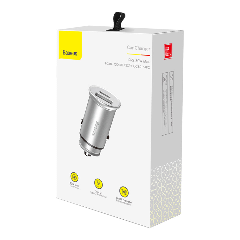 Baseus Circular Metal Car Charger, 30W, 5A, 1 x USB-A - 1 x USB-C, Gray