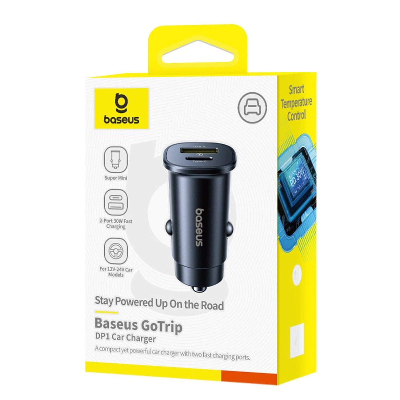 Baseus GoTrip Car Charger, 30W, 3A, 1 x USB-A - 1 x USB-C, Black
