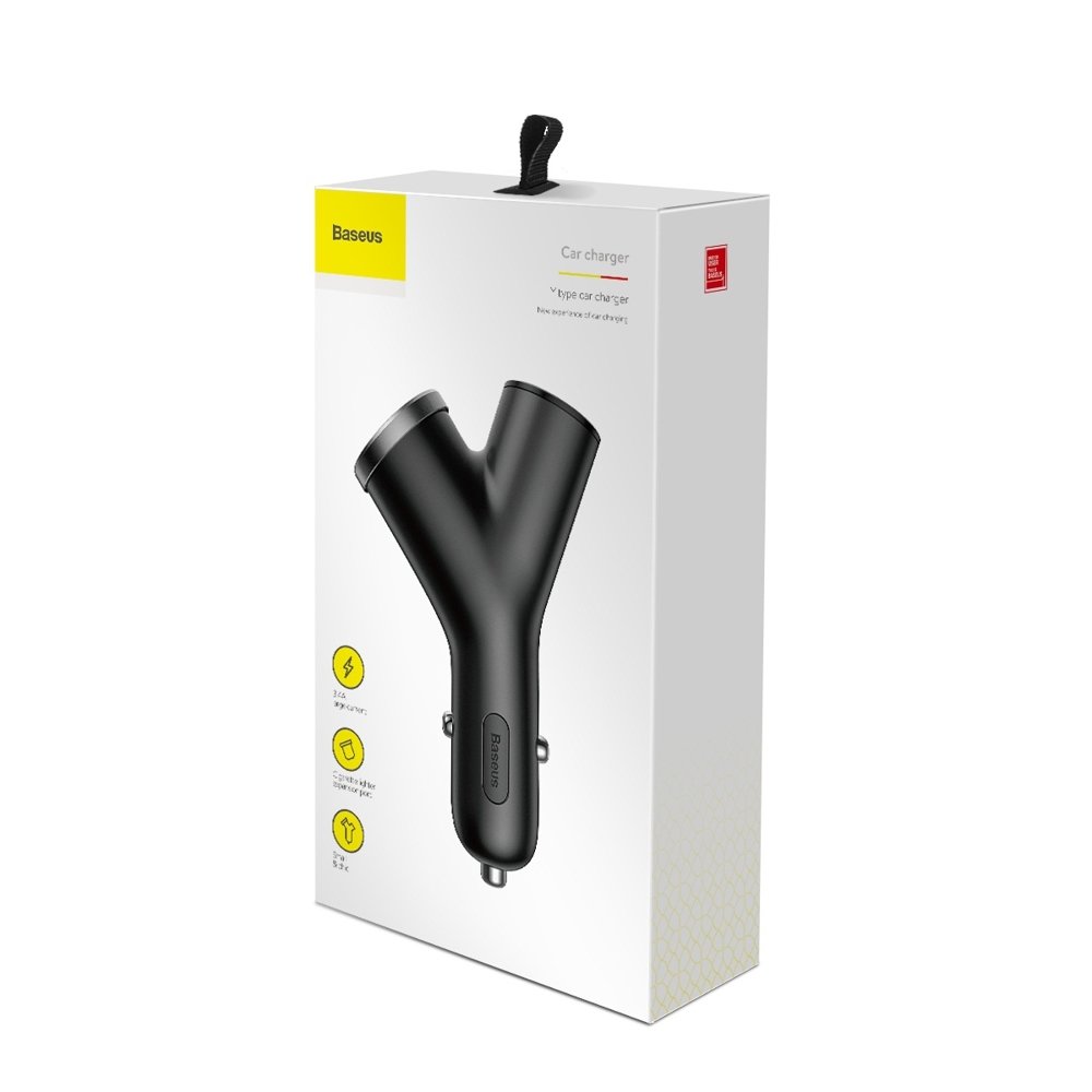 Baseus Y-Typ-Autoladegerät, 40 W, 3,4 A, 1 x Zigarettenanzünder-Erweiterung – 2 x USB-A, Schwarz CCALL-YX01