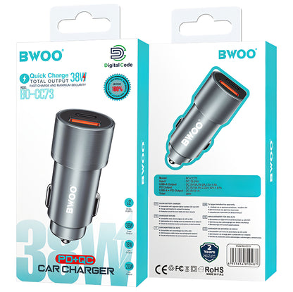 BWOO BO-CC73 Autoladegerät, 38 W, 3 A, 1 x USB-A – 1 x USB-C, Silber