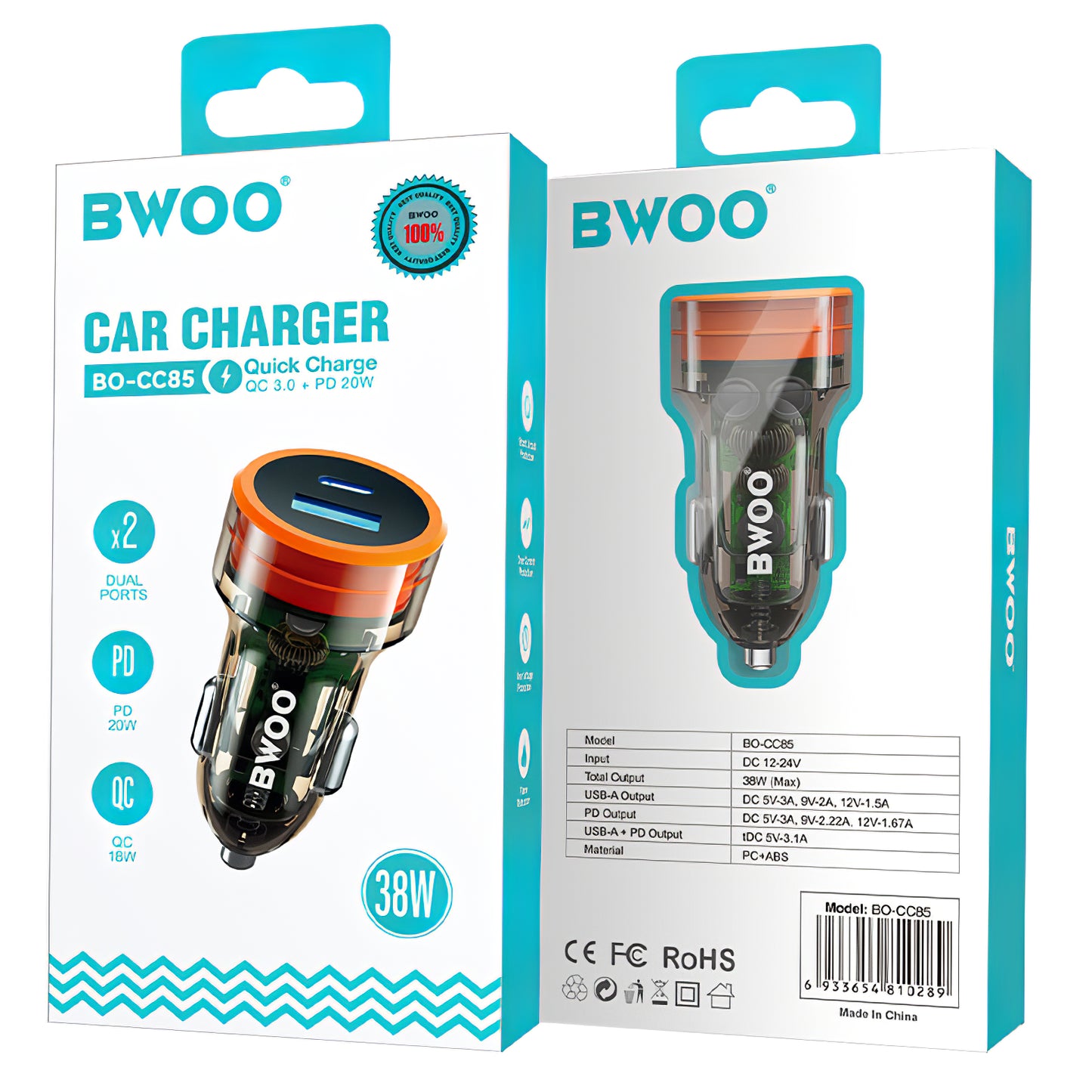 BWOO BO-CC85 Autoladegerät, 38 W, 3 A, 1 x USB-A – 1 x USB-C, Schwarz