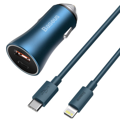 Autoladegerät mit Lightning-Kabel Baseus Golden Contactor, 40 W, 3 A, 1 x USB-A – 1 x USB-C, Marineblau TZCCJD-03